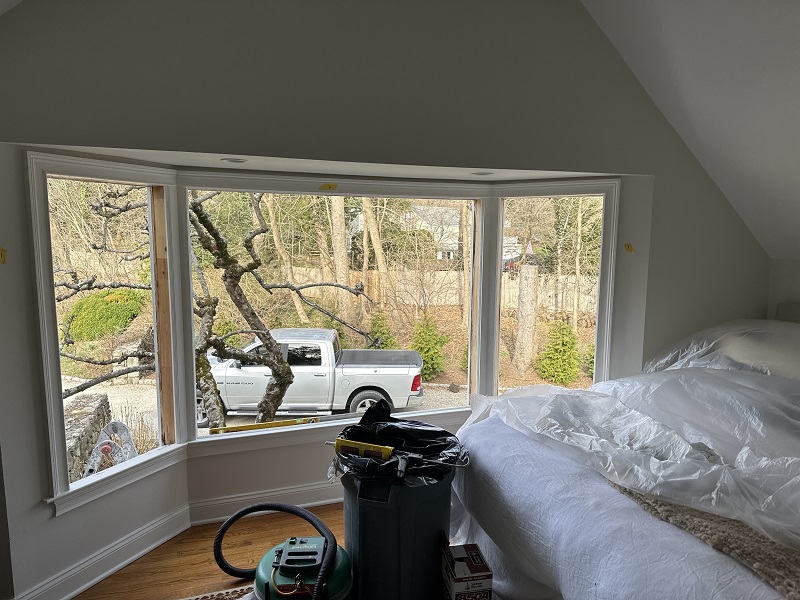 Interior picture of a bay window in Norwalk, CT with the window removed during window installation